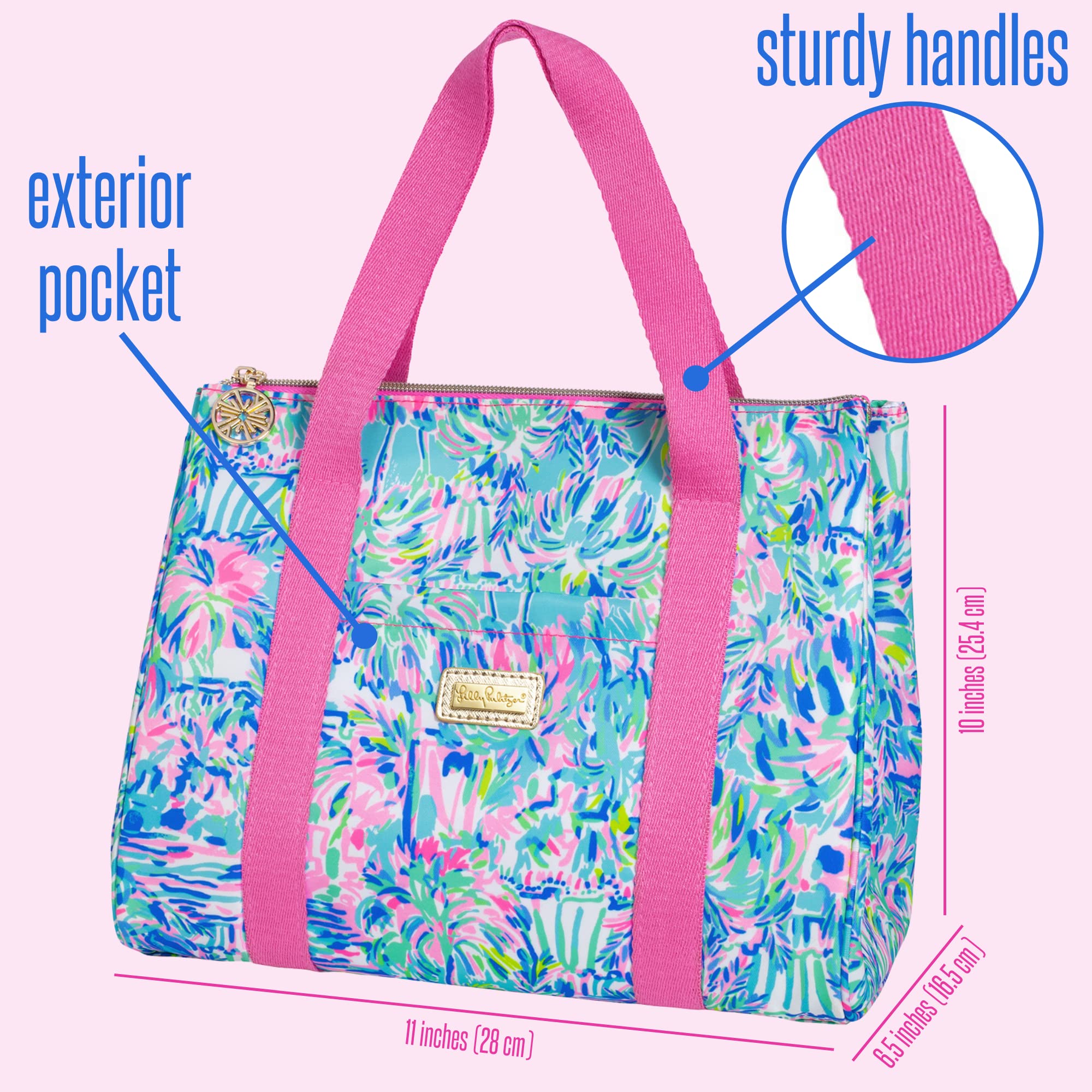 Lilly Pulitzer Cute Lunch Bag for Women, Large Capacity Insulated Tote Bag, Blue Mini Cooler with Storage Pocket and Shoulder Straps, Cabana Cocktail