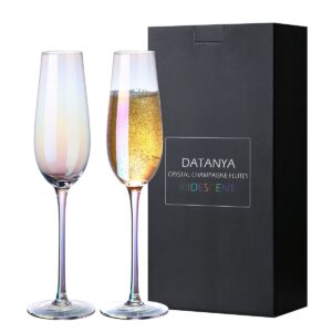 datanya iridescent champagne flutes glass set of 2 crystal luster hand blown lead-free stemmed sparkling champagne wine glasses 8 ounce, elegant gift box for christmas, wedding, birthday gifts