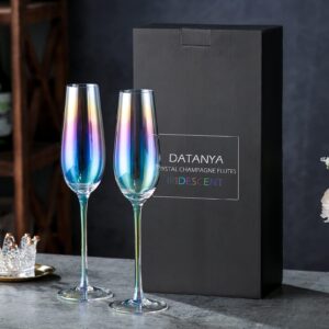 DATANYA Iridescent Champagne Flutes Glass Set of 2 Crystal Luster Hand Blown Lead-Free Stemmed Sparkling Champagne Wine Glasses 8 Ounce, Elegant Gift Box for Christmas, Wedding, Birthday Gifts