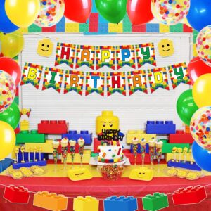Building Blocks Themed Birthday Party Decorations Pack - Includes Glitter Cake Topper Banners and Balloons - Summer Colorful Themed Bday Party Pack Supplies