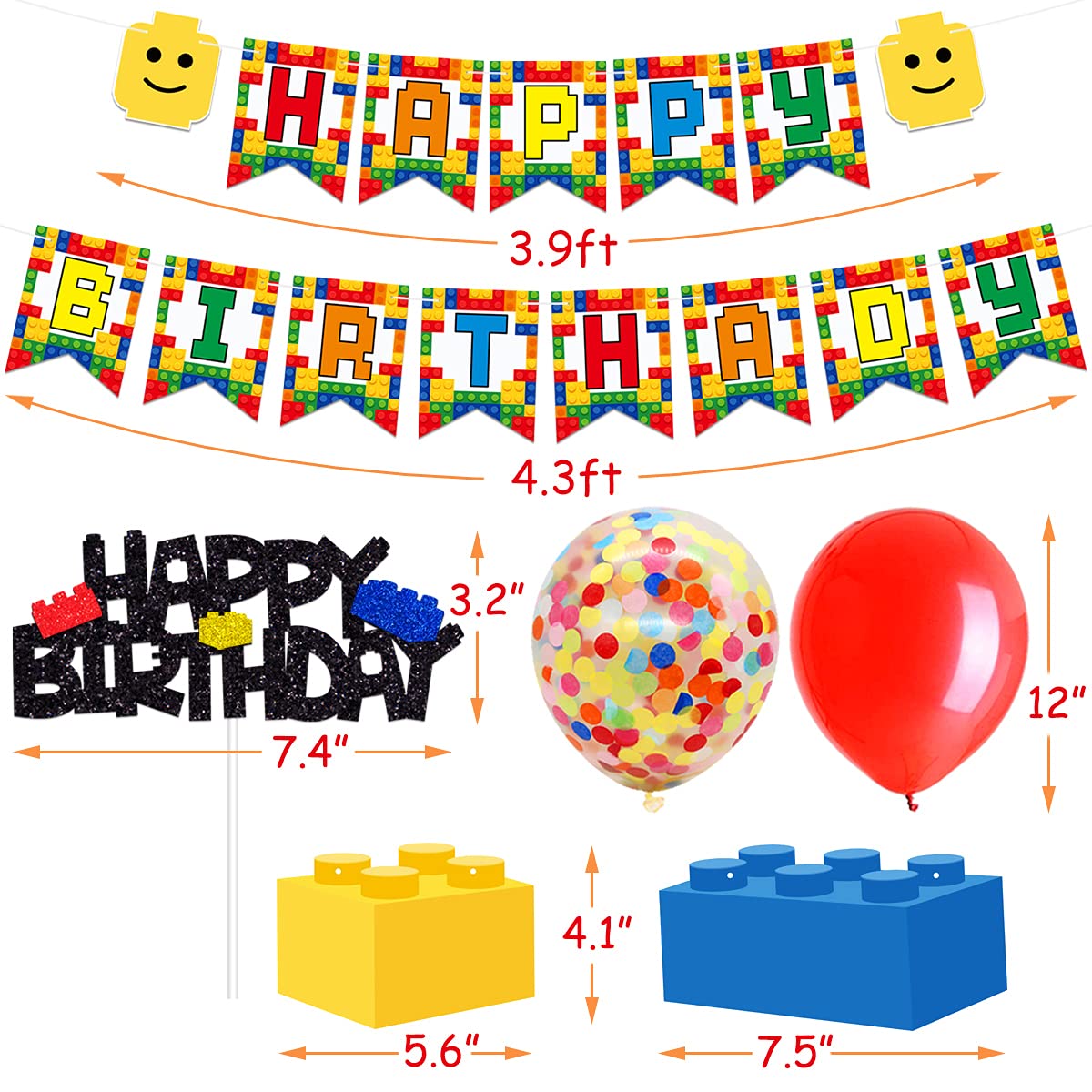 Building Blocks Themed Birthday Party Decorations Pack - Includes Glitter Cake Topper Banners and Balloons - Summer Colorful Themed Bday Party Pack Supplies