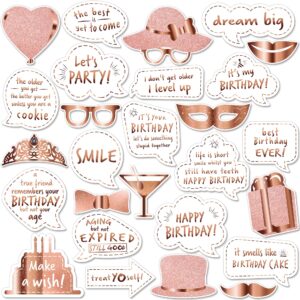premium birthday photo booth props kit, 27 white & rose gold party decorations (no glitter), durable & easy-to-use photobooth props signs for memorable photos & unforgettable celebrations by pixipy