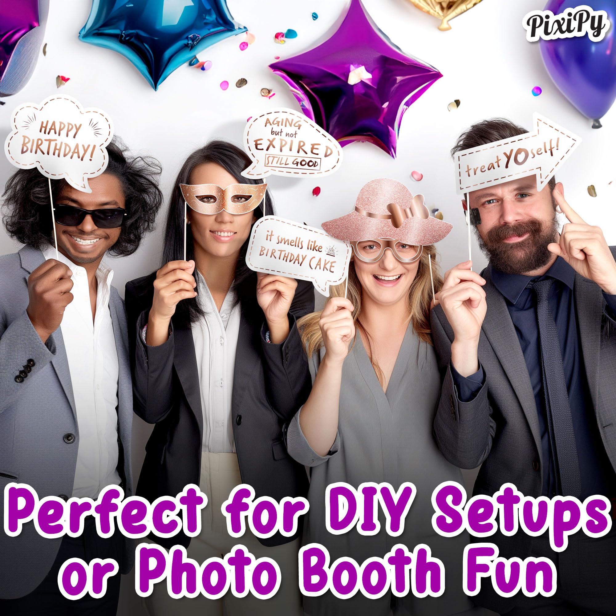 Premium Birthday Photo Booth Props Kit, 27 White & Rose Gold Party Decorations (No Glitter), Durable & Easy-to-Use Photobooth Props Signs for Memorable Photos & Unforgettable Celebrations by PixiPy