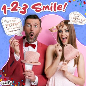 Premium Birthday Photo Booth Props Kit, 27 White & Rose Gold Party Decorations (No Glitter), Durable & Easy-to-Use Photobooth Props Signs for Memorable Photos & Unforgettable Celebrations by PixiPy