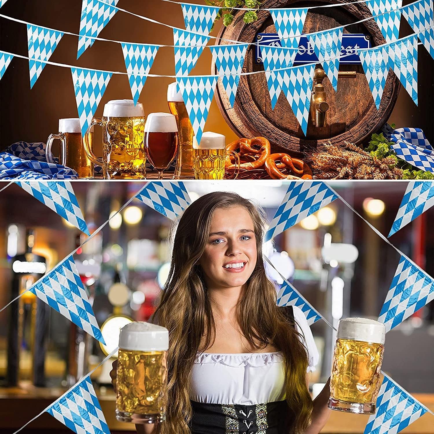 Oktoberfest Decorations, 131 Feet Oktoberfest Bavarian Check Flag, Oktoberfest Bavarian Pennant Banner Flag, Oktoberfest Decorations Octoberfest Party Supplies-4PCS