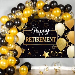 retirement party decorations supplies banner balloons fabric retirement sign banner and 50piece balloon photo booth backdrop set for women and men 72.8x 43.3 inch gold black