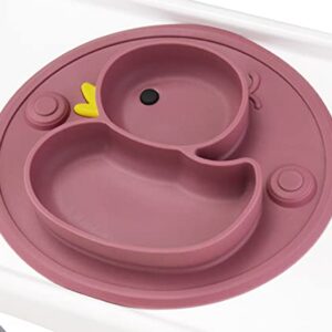 Baby Divided Plate Placemat Silicone- Portable Non Slip Child Feeding Suction Plate for Children Babies and Kids BPA Free Baby Dinner Plate Microwave Dishwasher Safe (Duck-Blush)