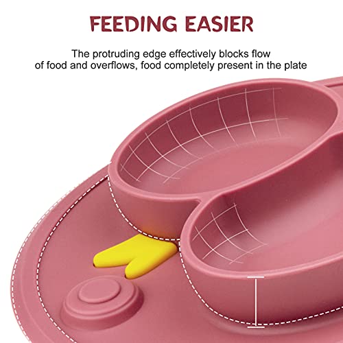 Baby Divided Plate Placemat Silicone- Portable Non Slip Child Feeding Suction Plate for Children Babies and Kids BPA Free Baby Dinner Plate Microwave Dishwasher Safe (Duck-Blush)