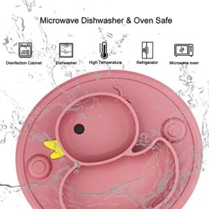 Baby Divided Plate Placemat Silicone- Portable Non Slip Child Feeding Suction Plate for Children Babies and Kids BPA Free Baby Dinner Plate Microwave Dishwasher Safe (Duck-Blush)