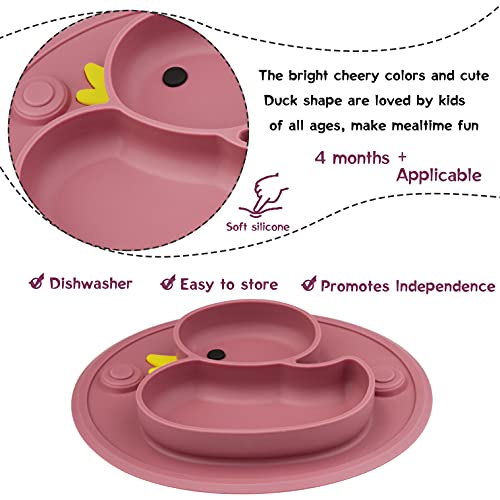 Baby Divided Plate Placemat Silicone- Portable Non Slip Child Feeding Suction Plate for Children Babies and Kids BPA Free Baby Dinner Plate Microwave Dishwasher Safe (Duck-Blush)