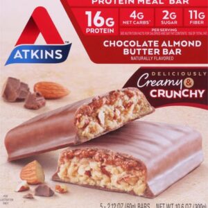 Atkins Chocolate Almond Butter Protein Meal Bar, Keto Friendly, 5 Count