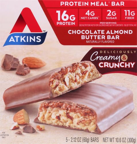 Atkins Chocolate Almond Butter Protein Meal Bar, Keto Friendly, 5 Count