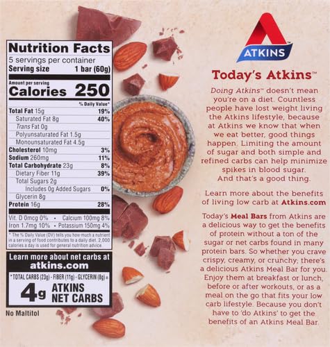 Atkins Chocolate Almond Butter Protein Meal Bar, Keto Friendly, 5 Count