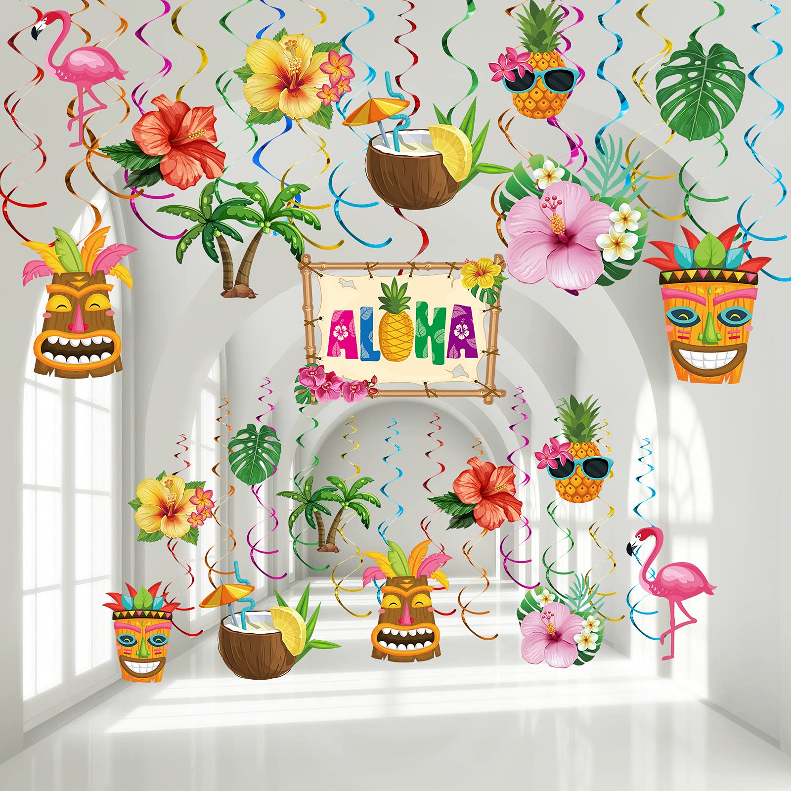 30 Pieces Hawaiian Luau Birthday Party Hanging Swirl Decorations, Flower Tropical Palm Flamingo Sign Foil Ceiling Decor for Floral Tropical Party Summer Beach Pool Party Tiki Party Supplies (Summer)