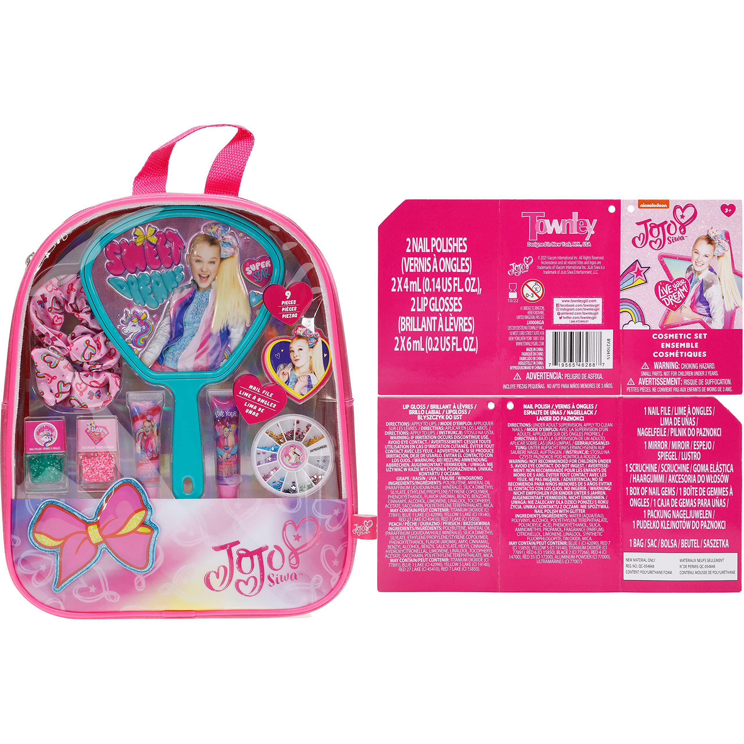 JoJo Siwa - Townley Girl Backpack Cosmetic Activity Set for Girls, Ages 3+ Makeup Hair Salon Kit Including Scrunchie, Mirror, Nail Polish, Lip Gloss and More, for Parties, Sleepovers and Makeovers