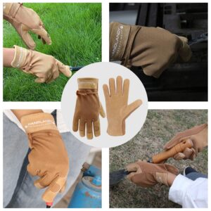 HLDD HANDLANDY Womens Leather Work Gloves, 2 Pairs Cowhide Gardening Gloves Breathable Utility Work Gloves for Driver, Mechanics, Construction, Yardwork (Small, Brown)…