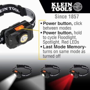 Klein Tools 56414 Rechargeable 2-Color LED Headlamp, Fabric Strap, Spotlight, Floodlight, Red LED, 800 Lumens, USB Cable, Camping, Running
