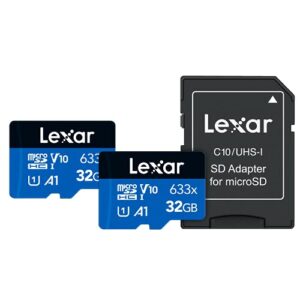lexar 32gb (2-pack) high-performance 633x micro sd card w/ sd adapter, uhs-i, c10, u1, a1, full-hd & 4k video, up to 100mb/s read, for smartphones, tablets, and action cameras (lms0633032g-b2anu)