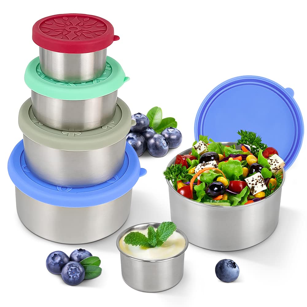 LIHONG Stainless Steel Containers with Lids,Snack Containers,Sauce Containers,Lunch Box,Rustproof,Leakproof,Easy Open,Set of 4(3.4oz,7oz,13oz,21oz)