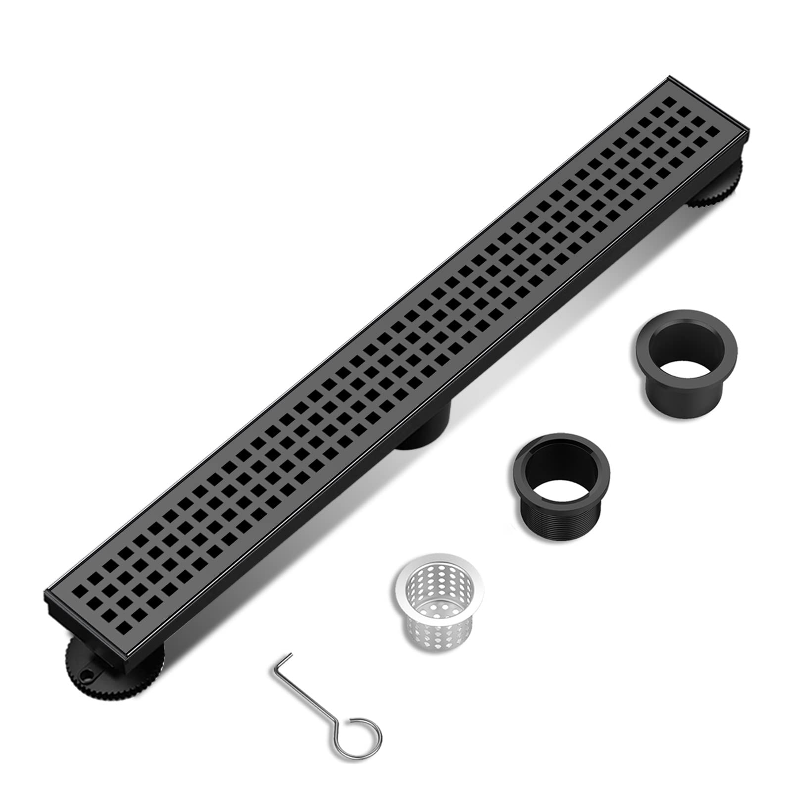 BARONAGE Linear Shower Drain 24 Inch with Removable Square Hole Pattern Cover Grate, 304 Stainless Steel Black Shower Floor Drain Watermark & CUPC Certified Include Accessories