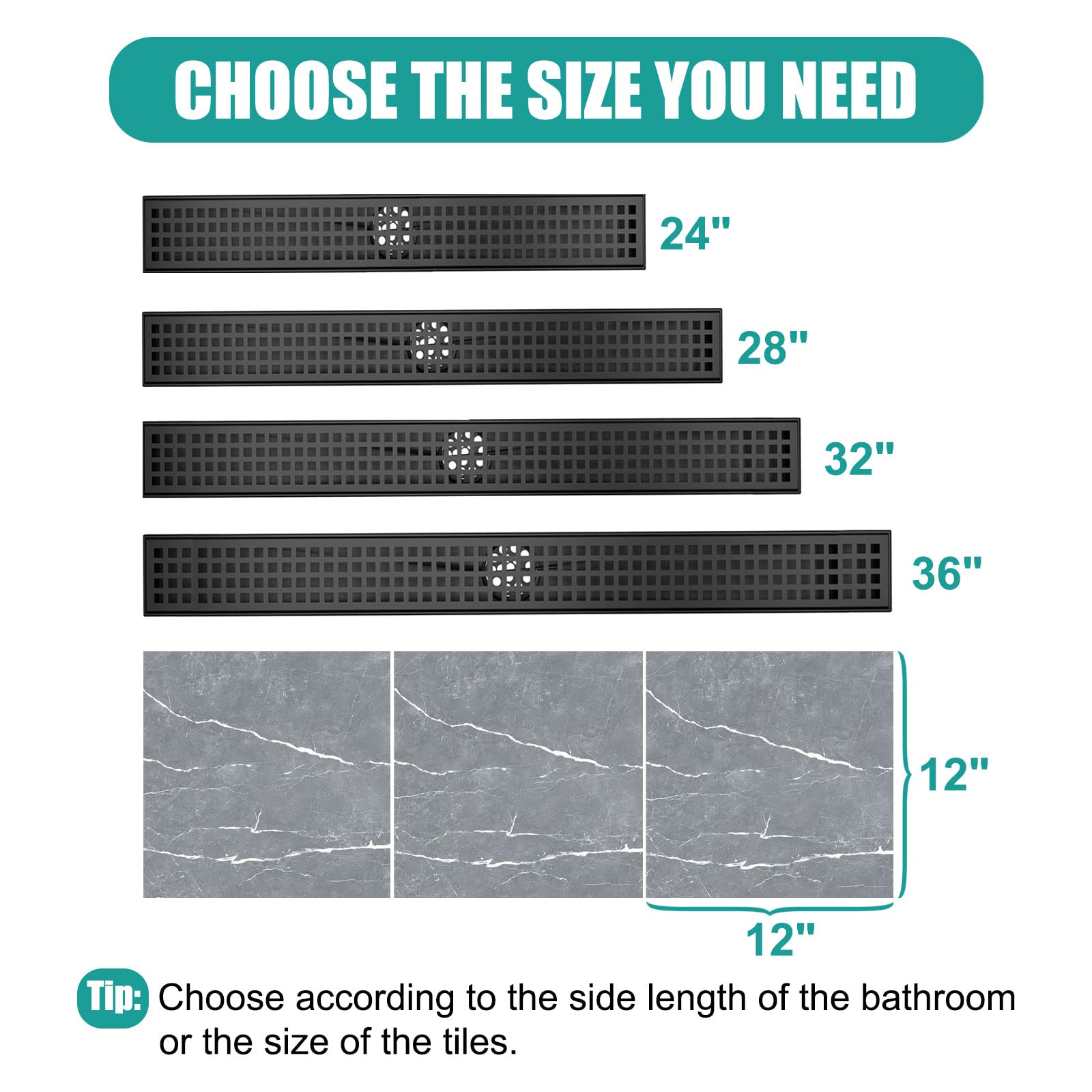 BARONAGE Linear Shower Drain 24 Inch with Removable Square Hole Pattern Cover Grate, 304 Stainless Steel Black Shower Floor Drain Watermark & CUPC Certified Include Accessories