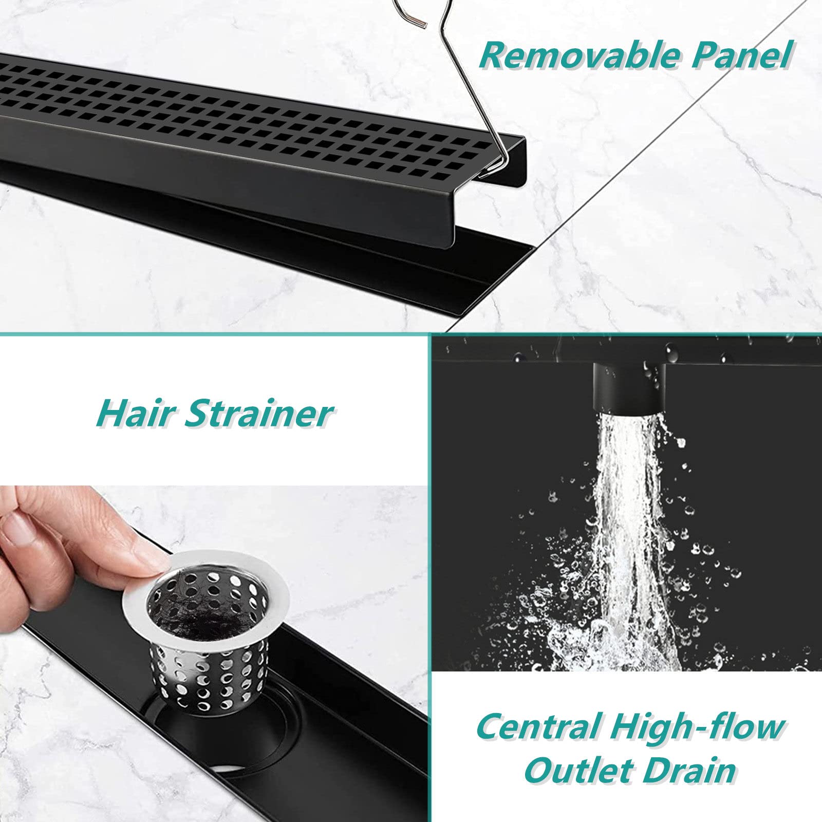 BARONAGE Linear Shower Drain 24 Inch with Removable Square Hole Pattern Cover Grate, 304 Stainless Steel Black Shower Floor Drain Watermark & CUPC Certified Include Accessories