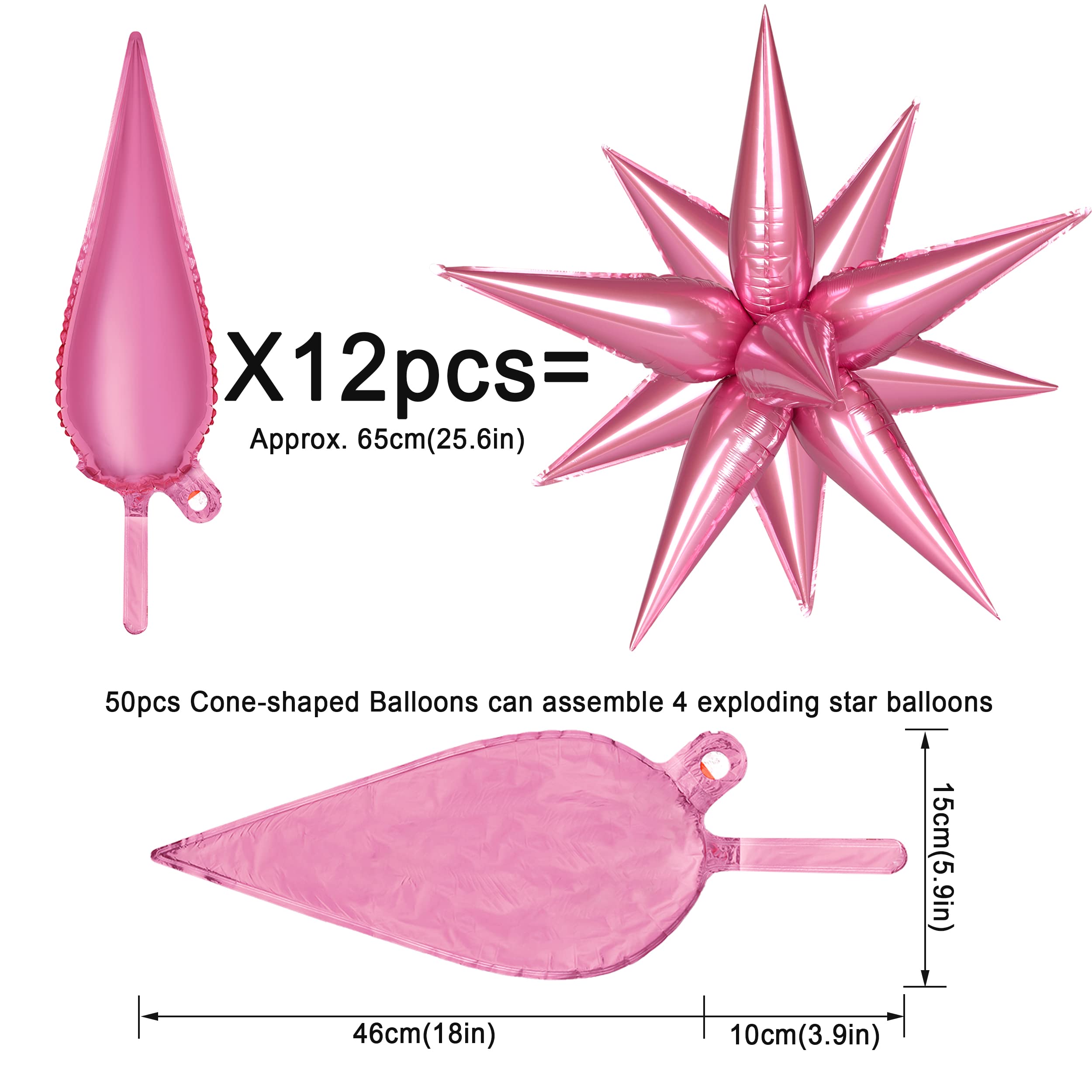 50pcs Pink Star Balloons Mylar, Pink Spike Explosion Star Foil Balloons Metallic, Pink Starburst Cone Point Star Balloons for Bachelorette, Baby Shower, Valentines Day, Birthaday, Wedding Decorations