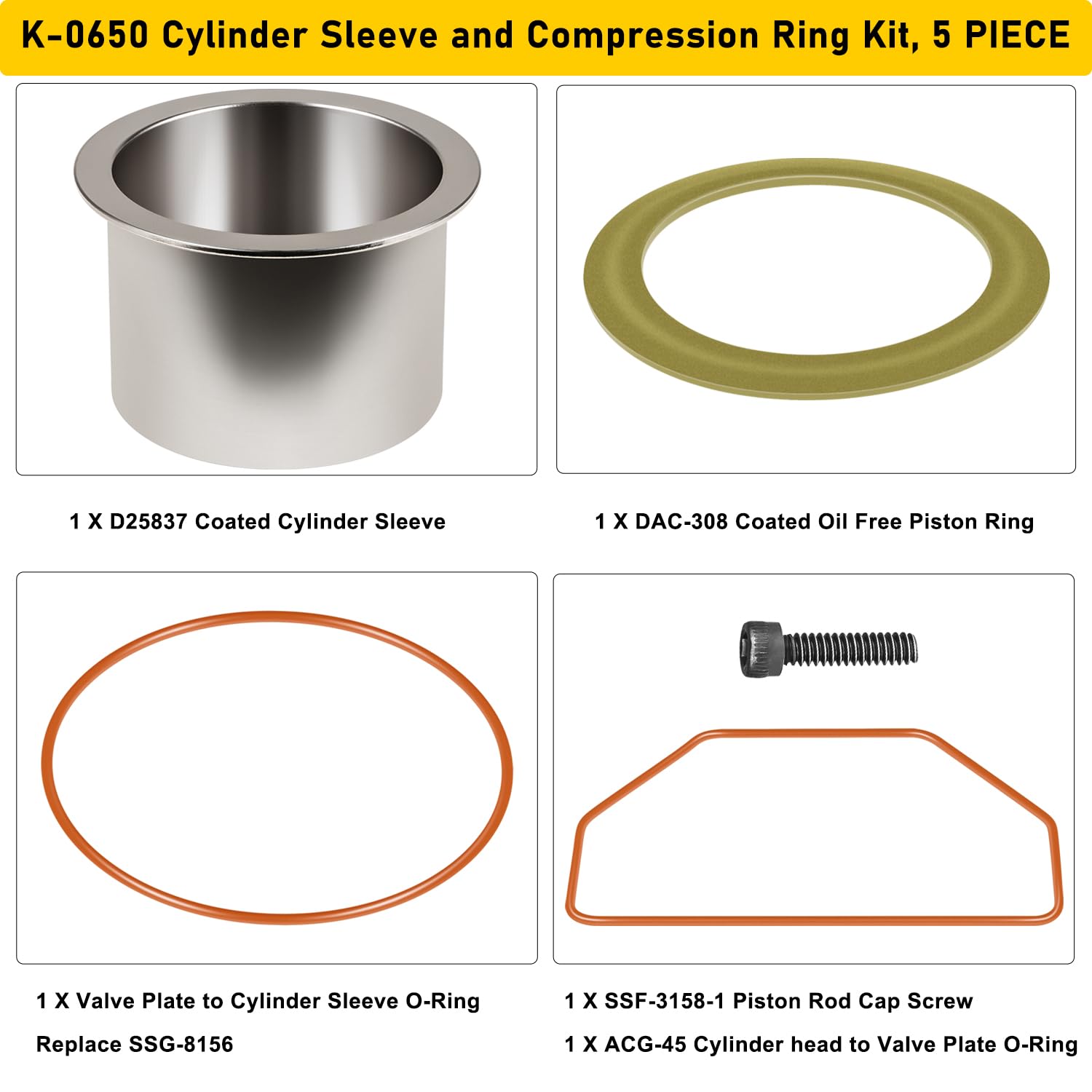 K-0650 Air Compressor Cylinder Sleeve and Compression Ring Kit, Cable Air Compressor Service Kits Compatible with Craftsman Porter Cable DeVilbiss - K0650