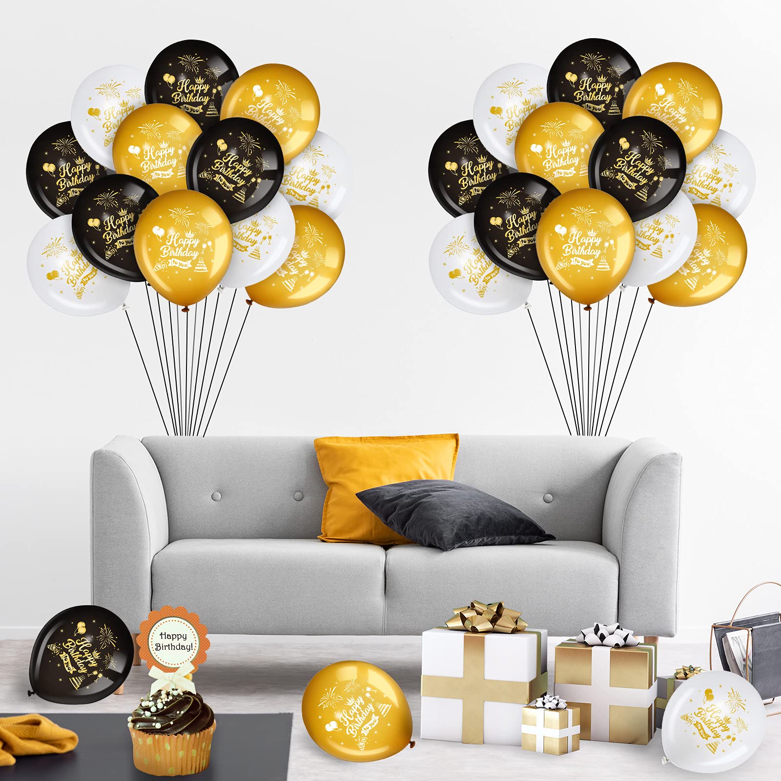 45 Piece 12 Inch Birthday Party Latex Balloons, Black Gold White Theme Party Balloon Birthday Anniversary Party Decoration for Girl Boy Women Men Birthday Party Supplies Indoor Outdoor Decoration