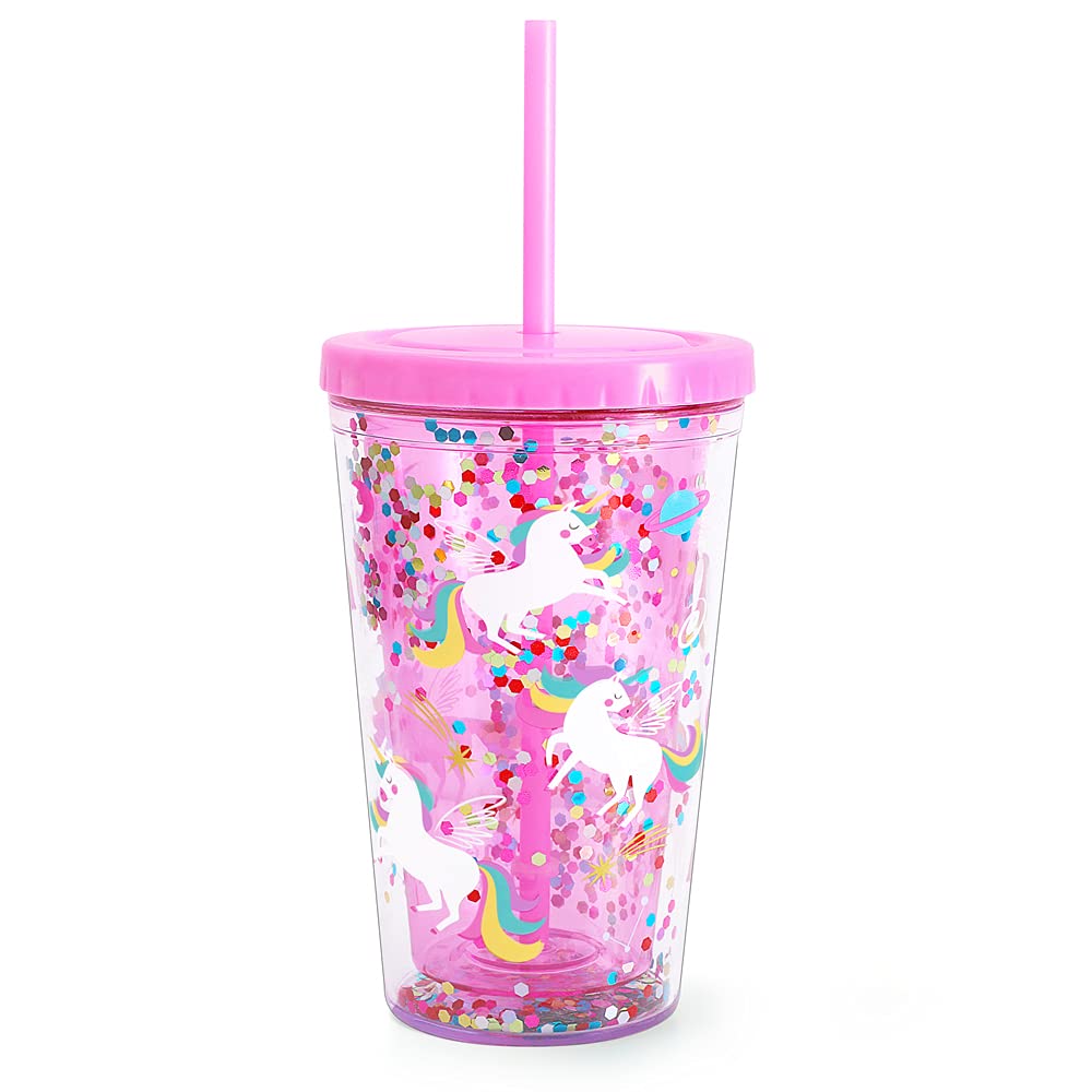 Cute Tumbler with Lid and Straw Double Wall Insulated Acrylic Cup for Girls Women Kids, 18oz/550ml (Unicorn)