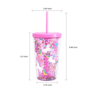 Cute Tumbler with Lid and Straw Double Wall Insulated Acrylic Cup for Girls Women Kids, 18oz/550ml (Unicorn)