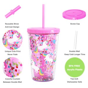 Cute Tumbler with Lid and Straw Double Wall Insulated Acrylic Cup for Girls Women Kids, 18oz/550ml (Unicorn)