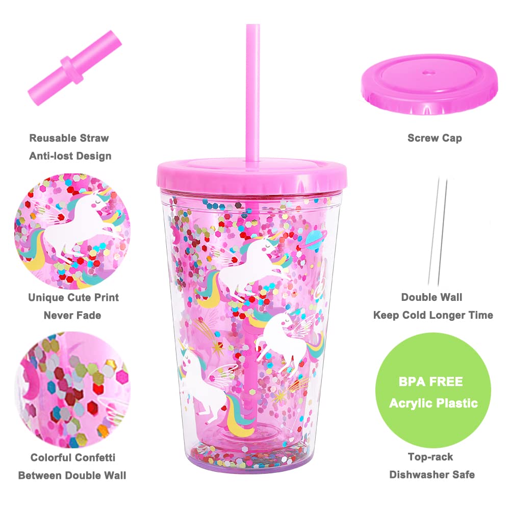 Cute Tumbler with Lid and Straw Double Wall Insulated Acrylic Cup for Girls Women Kids, 18oz/550ml (Unicorn)