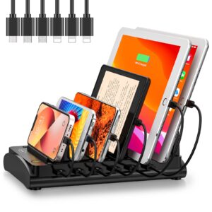 charging station for multiple devices, etl listed, bototek 60w 6 ports charger station for iphone, ipad, cell phone, tablets, and other electronics (6 mixed short cables included)