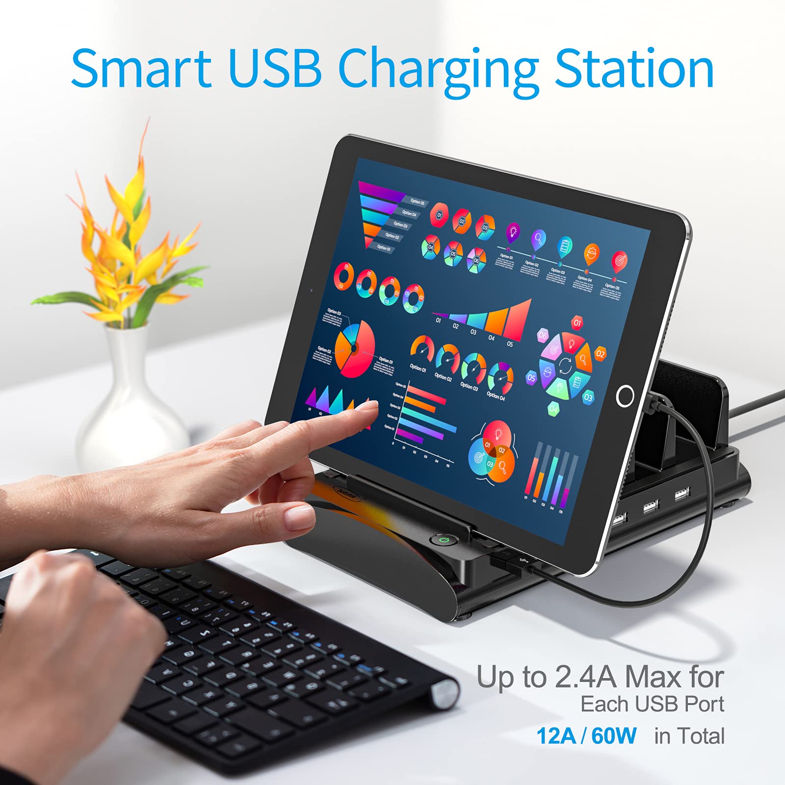 Charging Station for Multiple Devices, ETL Listed, Bototek 60W 6 Ports Charger Station for iPhone, iPad, Cell Phone, Tablets, and Other Electronics (6 Mixed Short Cables Included)