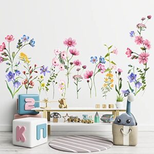 smfanlin colorful flowers vines wall decals, removable green plants leaves peel and stick wall stickers, elegant floral art mural wallpaper for baby kids bedroom bathroom living room home decoration