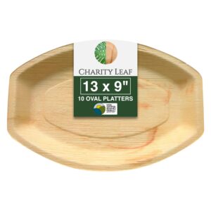 charity leaf disposable palm leaf 13" x 9" trays (10 pieces) bamboo like serving platters, disposable boards, eco-friendly dinnerware for weddings, catering, events