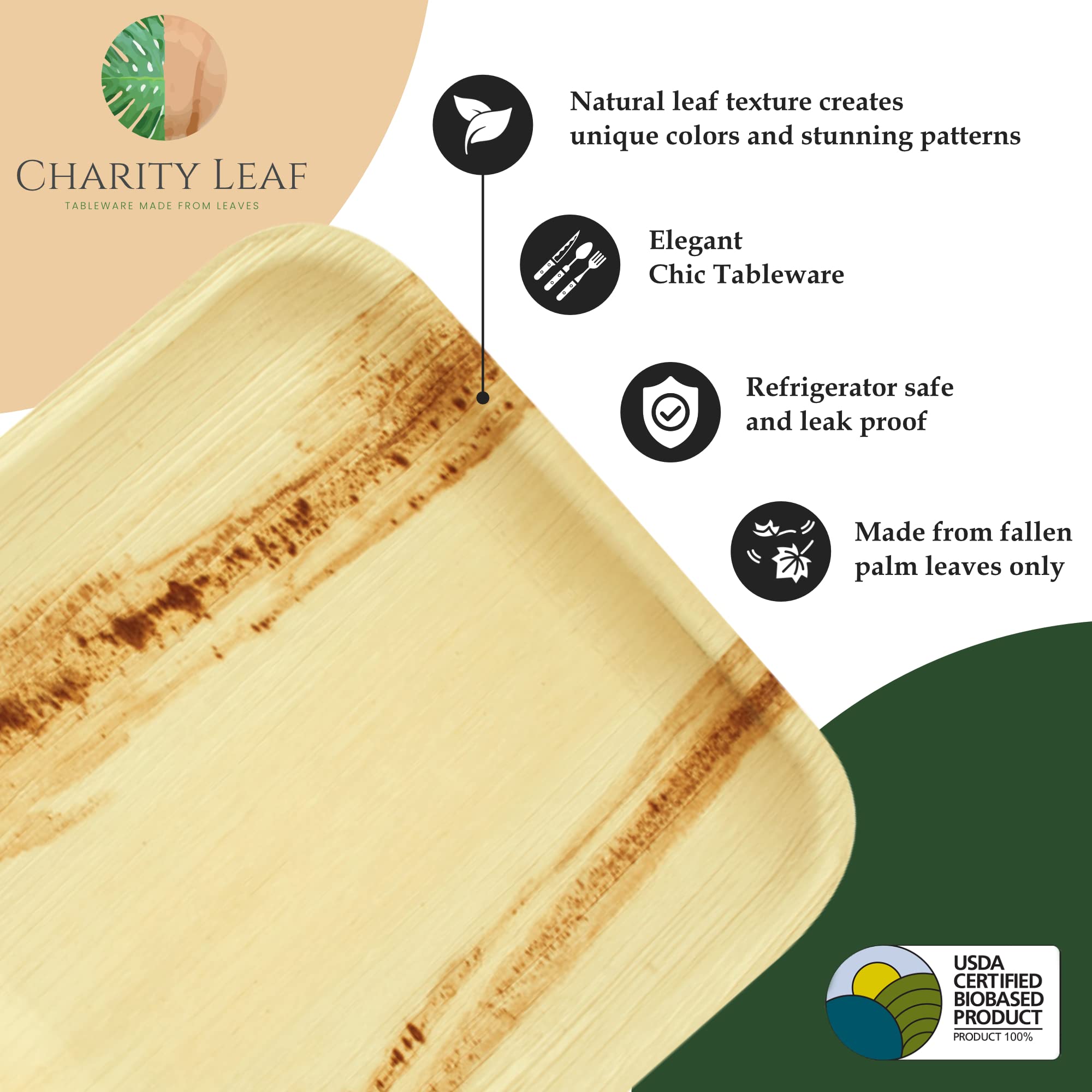 Charity Leaf Disposable Palm Leaf 13" x 9" Trays (10 pieces) Bamboo Like Serving Platters, Disposable Boards, Eco-Friendly Dinnerware For Weddings, Catering, Events