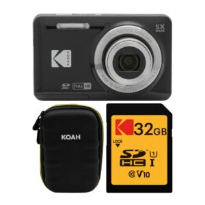 kodak pixpro friendly zoom fz55 digital camera (black) bundle with case for compact cameras, and kodak 32gb class 10 uhs-i u1 sdhc memory card (3 items)