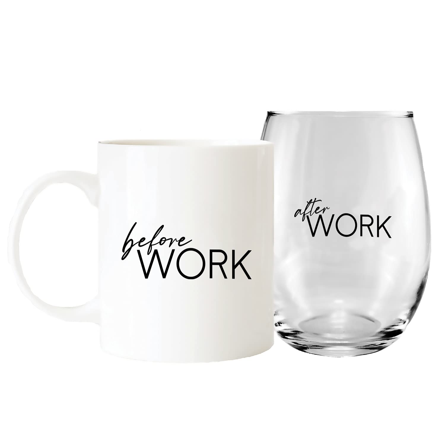 Canopy Street Before Work And After Work Mug And Stemless Wine Glass Set/Funny Clever Humor Drinkware/Coworker Coffee Mug Present/New Job Beverage Gift