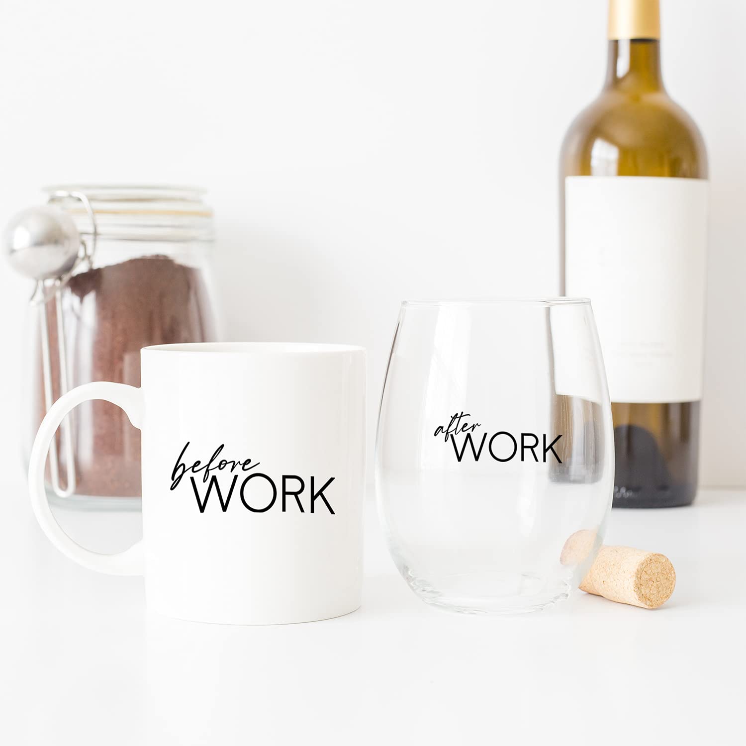 Canopy Street Before Work And After Work Mug And Stemless Wine Glass Set/Funny Clever Humor Drinkware/Coworker Coffee Mug Present/New Job Beverage Gift