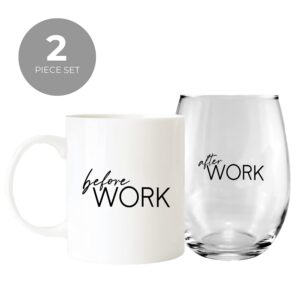 Canopy Street Before Work And After Work Mug And Stemless Wine Glass Set/Funny Clever Humor Drinkware/Coworker Coffee Mug Present/New Job Beverage Gift