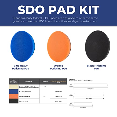SDO Foam Polisher Buffer Pads (Black, Orange, & Blue, 5.5”)- Premium Compounding & Polishing Pads - Dense Foam Polishing Pads for Car Polishing Kit - Car Buffer Pads w/Tapered Edge