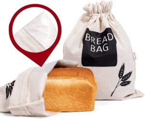 2 x bread bags for homemade bread - plastic lined, reusable linen cloth saver bag for sourdough & homemade bread storage - 17" x 13" xl