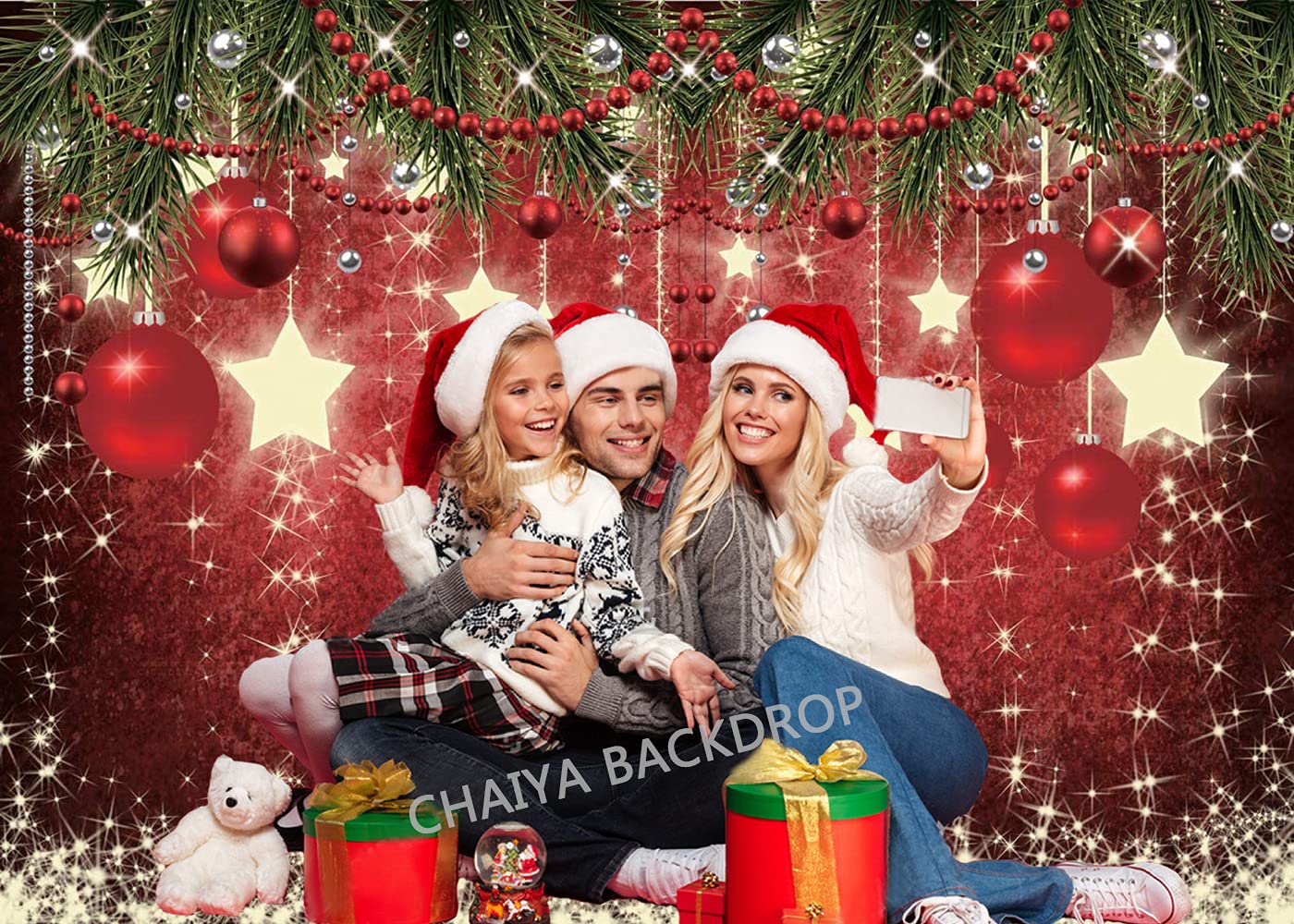 CHAIYA 10x8ft Christmas Red Photography Backdrop Christmas Theme Backdrop New Year Decoration Background Family Party Baby Shower Decorations CY-128