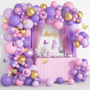 purple pink butterfly balloon garland arch kit, butterfly baby shower decorations for girl women, pink and purple gold confetti balloons for purple birthday party mothers day bridal shower decorations