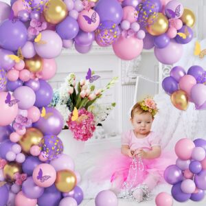 Purple Pink Butterfly Balloon Garland Arch Kit, Butterfly Baby Shower Decorations for Girl Women, Pink and Purple Gold Confetti balloons for Purple Birthday Party Mothers Day Bridal Shower Decorations