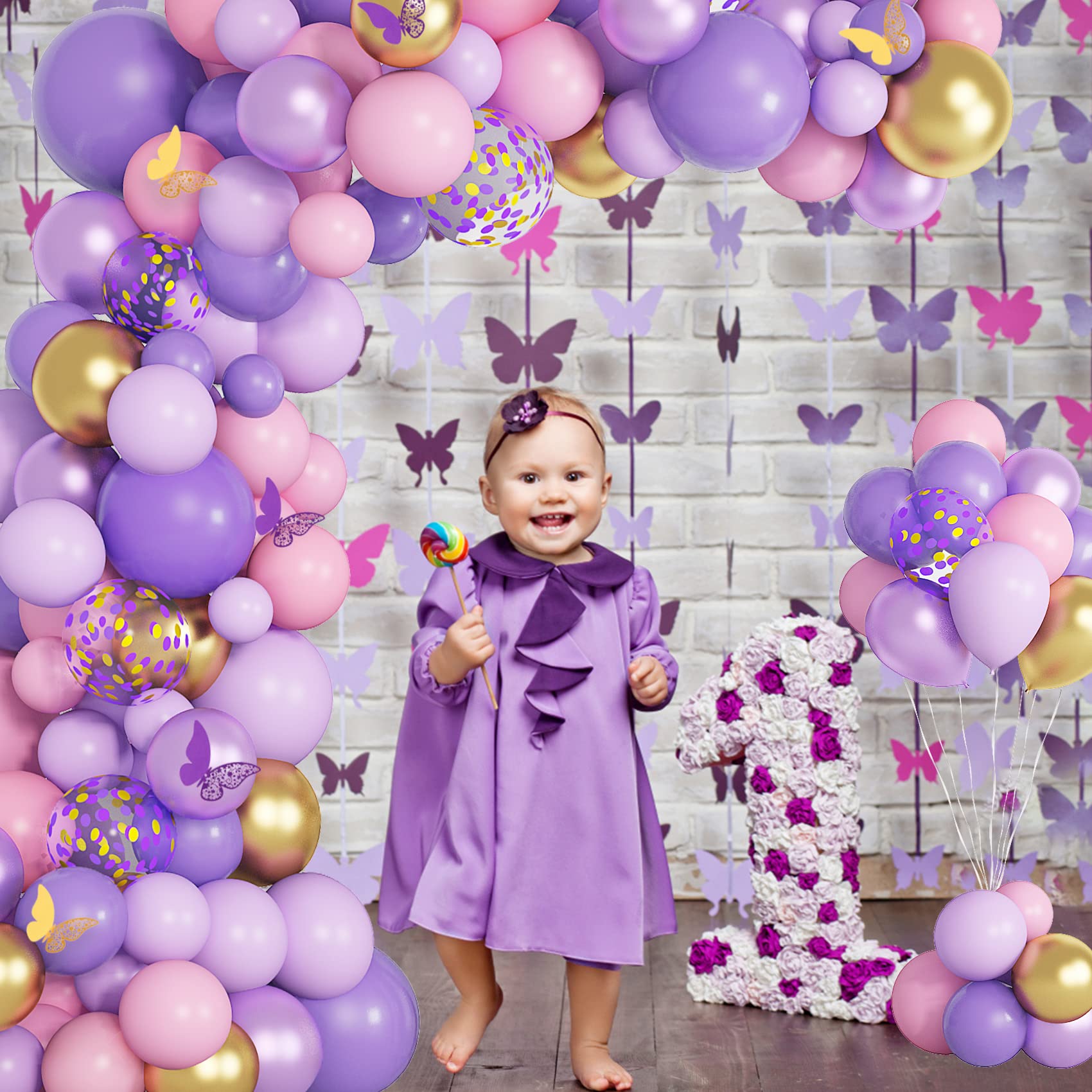 Purple Pink Butterfly Balloon Garland Arch Kit, Butterfly Baby Shower Decorations for Girl Women, Pink and Purple Gold Confetti balloons for Purple Birthday Party Mothers Day Bridal Shower Decorations