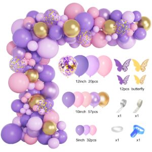 Purple Pink Butterfly Balloon Garland Arch Kit, Butterfly Baby Shower Decorations for Girl Women, Pink and Purple Gold Confetti balloons for Purple Birthday Party Mothers Day Bridal Shower Decorations