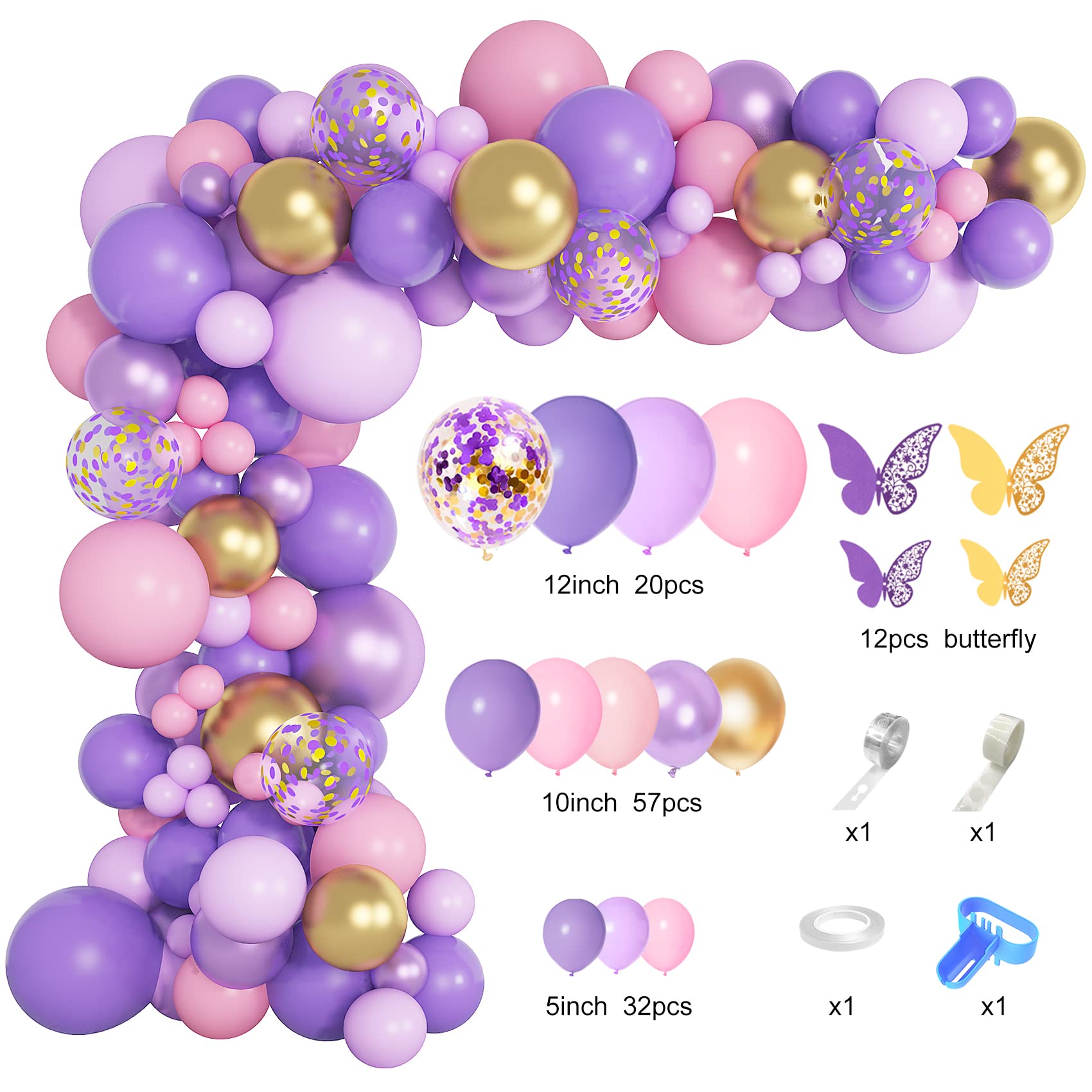 Purple Pink Butterfly Balloon Garland Arch Kit, Butterfly Baby Shower Decorations for Girl Women, Pink and Purple Gold Confetti balloons for Purple Birthday Party Mothers Day Bridal Shower Decorations